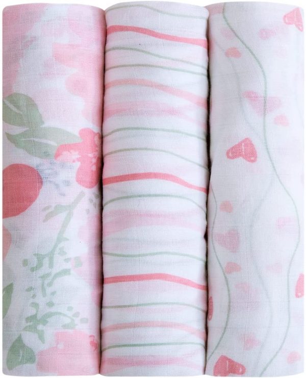 3 Muslin Crystal Rose Swaddle Blankets for Girls